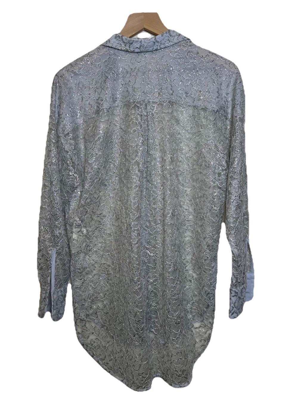 By Anthropologie Metallic Lace Buttondown Shirt Sz XS GRAY Part Top Long Sleeve - Picture 6 of 14